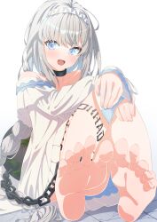 Rule 34 | 1girl, absurdres, barefoot, blue eyes, braid, feet, hairband, hands on own knees, highres, light blush, long hair, looking at viewer, open mouth, silver hair, soles, toes