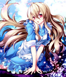 Rule 34 | 1girl, ahoge, apron, blonde hair, blue dress, buttoned cuffs, buttons, dress, kagerou project, kozakura marry, long hair, open mouth, red eyes, solo, tyone, white apron