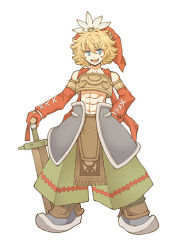 Rule 34 | 1boy, abs, androgynous, armor, blonde hair, blue eyes, boots, brown theme, closed mouth, crop top, crop top overhang, curly hair, detached sleeves, eye contact, facing viewer, feathers, full body, futatsuki (perfect lovers), gloves, green eyes, hair between eyes, hair over one eye, hand on own hip, hat, holding, holding weapon, large shoes, legend of mana, looking at another, looking at viewer, male focus, midriff, navel, open mouth, red hat, seiken densetsu, shoes, simple background, sketch, smile, solo, standing, stomach, sword, toto (lom), weapon, white background