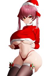 Rule 34 | 1girl, absurdres, bad id, bad twitter id, breasts, commentary, english commentary, hat, highres, hololive, houshou marine, huge breasts, looking at viewer, nicorima, panties, pink hair, red eyes, santa costume, santa hat, short hair, solo, thighhighs, thighs, tongue, tongue out, twintails, underboob, underwear, virtual youtuber, white background, yellow eyes