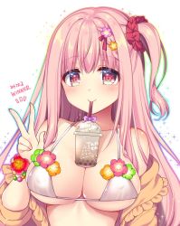 Rule 34 | 1girl, bikini, blush, breasts, bubble tea challenge, cleavage, commentary request, drinking straw, flower, hair between eyes, hair flower, hair ornament, highres, large breasts, long hair, looking at viewer, miharu (ringo sui), one side up, orange shirt, original, pink eyes, pink hair, ringo sui, shirt, solo, sparkle, swimsuit, upper body, v