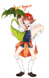Rule 34 | 10s, 2girls, blush, carrying, clothes around waist, covering privates, covering face, embarrassed, green hair, green sweater vest, hino akane (smile precure!), midorikawa nao, multiple girls, ponytail, precure, princess carry, red eyes, red hair, school uniform, short hair, skirt, sleeves rolled up, smile precure!, sweater, sweater around waist, sweater vest, tied sweater, tima, trembling