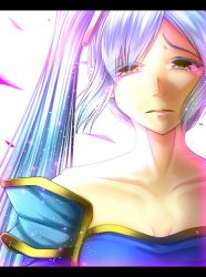 Rule 34 | 1girl, aqua hair, bare shoulders, breasts, cleavage, gradient hair, league of legends, letterboxed, long hair, multicolored hair, oldlim, sona (league of legends), tears, twintails, very long hair