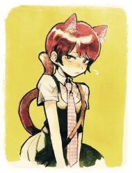 Rule 34 | 132 (asaka), 1girl, animal ears, blush, border, breasts, brown eyes, cat ears, cat girl, cat tail, closed mouth, collared shirt, commentary, danganronpa (series), danganronpa 2: goodbye despair, dress, dress shirt, embarrassed, flying sweatdrops, freckles, from side, gingham necktie, green dress, hope&#039;s peak academy school uniform, kemonomimi mode, koizumi mahiru, looking at viewer, looking to the side, medium breasts, necktie, nose blush, pinafore dress, red hair, red necktie, school uniform, shirt, short hair, short sleeves, shy, simple background, sleeveless, sleeveless dress, solo, strap, swept bangs, tail, traditional media, two-tone necktie, upper body, v arms, very short hair, white border, white necktie, white shirt, yellow background