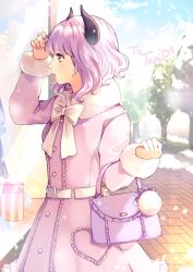Rule 34 | 1girl, bag, bow, brown eyes, character name, clenched hand, coat, commentary, commission, english commentary, from side, fur trim, handbag, highres, horns, indie virtual youtuber, looking ahead, open mouth, pink coat, purple bag, purple hair, reflection, second-party source, short hair, skeb commission, solo, storefront, taro tapioca, virtual youtuber, wawatiku, white bow, window