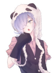 Rule 34 | 1boy, androgynous, animal hat, black vest, grey eyes, hair over one eye, hat, hattyann719, headwear with attached mittens, highres, inga, looking to the side, male focus, one eye covered, open mouth, panda hat, pink shirt, purple hair, shirt, short hair, simple background, solo, un-go, upper body, vest, white background