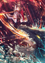 Rule 34 | 1girl, absurdres, armpits, battle, blonde hair, blue eyes, breasts, cape, cleavage, dragon, dress, elbow gloves, fantasy, fire, flaming sword, flaming weapon, from side, garter straps, gloves, hair ornament, high heels, highres, holding, holding sword, holding weapon, large breasts, long hair, looking at another, original, profile, sam ashton, sword, thighhighs, twintails, weapon, white thighhighs