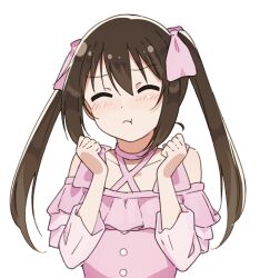 Rule 34 | 1girl, absurdres, alternate hairstyle, blush, brown hair, buttons, closed eyes, closed mouth, collarbone, criss-cross halter, dress, frills, hair between eyes, hair ribbon, halterneck, hands up, highres, long hair, love live!, love live! nijigasaki high school idol club, osaka shizuku, pink dress, pink ribbon, pout, ribbon, sidelocks, simple background, solo, tata (tataice), twintails, upper body, white background