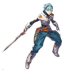 Rule 34 | 1boy, blue hair, blue pants, boots, closed mouth, commentary request, cropped jacket, fantasy, fingerless gloves, full body, gauntlets, gloves, green eyes, highres, holding, holding sword, holding weapon, jacket, kotatsu (g-rough), looking at viewer, male focus, original, pants, smile, solo, sword, weapon, white background, zipper