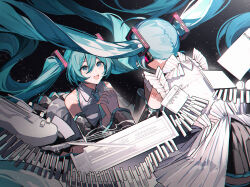 Rule 34 | 2girls, :d, absurdres, bare shoulders, black skirt, black sleeves, blue eyes, blue hair, blue nails, blue necktie, blush, collared shirt, commentary, detached sleeves, dual persona, facing away, grey shirt, hair between eyes, hatsune miku, hatsune miku happy 16th birthday -dear creators-, highres, holding hands, interlocked fingers, kazenemuri, long hair, long sleeves, looking at another, multiple girls, necktie, open mouth, pleated skirt, shirt, sidelocks, skirt, sleeveless, sleeveless shirt, smile, space, star (sky), teeth, twintails, upper teeth only, very long hair, vocaloid, wide sleeves, wings