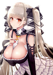 Rule 34 | 1girl, azur lane, bare shoulders, between breasts, black dress, blush, breasts, cleavage, dress, earrings, formidable (azur lane), frilled dress, frills, grey hair, hair ribbon, jewelry, large breasts, long hair, long sleeves, looking at viewer, makumaxu, pantyhose, red eyes, ribbon, solo, twintails, two-tone dress, two-tone ribbon, very long hair, white pantyhose