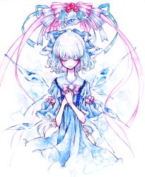 Rule 34 | 1girl, bell, blue hair, cirno, closed eyes, colored eyelashes, dress, eyelashes, hair ribbon, ice, miri, miri (tobira no mukou), no nose, own hands clasped, own hands together, painting (medium), ribbon, simple background, smile, solo, touhou, traditional media, watercolor (medium), wings