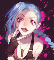 Rule 34 | 1girl, blood, blood splatter, blue hair, braid, bullet, dj.adonis, earrings, eyebrows, eyelashes, fangs, fingerless gloves, fingernails, flat chest, gloves, highres, jewelry, jinx (league of legends), league of legends, long hair, looking at viewer, necklace, open mouth, peace symbol, pink blood, pink eyes, sharp teeth, smile, solo, tattoo, teeth, tongue, twin braids, uvula, v