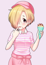 Rule 34 | 1girl, baseball cap, blonde hair, blush, collared shirt, cream, ear piercing, earrings, eyeball, food, food on hand, hair over one eye, hat, holding, holding food, idolmaster, idolmaster cinderella girls, jewelry, looking at viewer, momoda yasuhito, piercing, pink background, pink hat, pink ribbon, red eyes, ribbon, shirasaka koume, shirt, short hair, simple background, solo, striped clothes, striped shirt, tareme, tongue, tongue out, upper body, white shirt, wing collar, wrapper