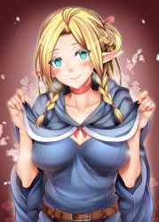 Rule 34 | 1girl, belt, blonde hair, blush, braid, breasts, choker, colored eyelashes, dungeon meshi, female focus, gradient background, green eyes, large breasts, long hair, looking at viewer, marcille donato, marushiru, oni-noboru, pointy ears, smile, solo, twin braids, upper body