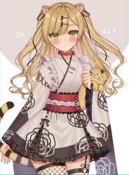 Rule 34 | 1girl, 2022, :&lt;, animal ear fluff, animal ears, black ribbon, blonde hair, blush, chinese zodiac, closed mouth, collar, cowboy shot, dress, fishnet thighhighs, fishnets, floral print, frilled dress, frills, garter straps, grabbing own tail, green eyes, hair ornament, hair ribbon, hairclip, happy new year, heart, highres, izumo neru, lace, lace-trimmed dress, lace trim, long sleeves, looking at viewer, new year, original, red collar, ribbon, ringlets, solo, standing, tail, thigh strap, thighhighs, tiger, tiger girl, tiger tail, twintails, wide sleeves, year of the tiger