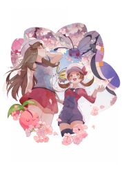 Rule 34 | 2girls, :d, absurdres, beautifly, brown hair, butterfree, cherubi, closed eyes, closed mouth, commentary request, creatures (company), day, falling petals, flower, from below, game freak, gen 1 pokemon, gen 3 pokemon, gen 4 pokemon, hat, highres, leaf (pokemon), legendary pokemon, long hair, lyra (pokemon), mew (pokemon), multiple girls, mythical pokemon, nintendo, open mouth, outdoors, overalls, petals, pink flower, pleated skirt, pokemon, pokemon (creature), pokemon frlg, pokemon hgss, red skirt, sapphire ethu, shirt, skirt, sleeveless, sleeveless shirt, smile, twintails, white headwear