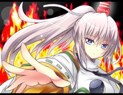 Rule 34 | 1girl, bad id, bad pixiv id, blue eyes, female focus, fire, fire, hat, japanese clothes, kariginu, letterboxed, long hair, long sleeves, looking at viewer, mononobe no futo, no headwear, no headwear, object on head, outstretched arm, ponytail, reaching, shinekalta, silver hair, solo, tenga, touhou, upper body