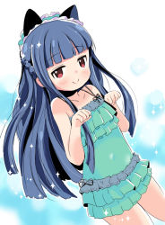 Rule 34 | animal ears, blue background, blue hair, blush, braid, cat ears, clenched hands, collarbone, commentary, covered navel, dot nose, fake animal ears, flat chest, frilled hairband, frilled swimsuit, frills, green one-piece swimsuit, hairband, hands up, highres, idolmaster, idolmaster cinderella girls, lemon pan, long hair, looking at viewer, one-piece swimsuit, paw pose, red eyes, sajo yukimi, smile, solo, sparkle, swimsuit, swimsuit skirt, thighs