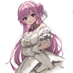 Rule 34 | 1girl, arms under breasts, braid, breasts, detached sleeves, domita, dorothy (nikke), dress, frilled dress, frills, goddess of victory: nikke, hair bun, hair ribbon, large breasts, long hair, looking at viewer, pink hair, purple eyes, purple ribbon, ribbon, simple background, solo, white dress