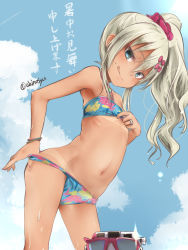 Rule 34 | 1girl, akino shuu, aqua eyes, bikini, blonde hair, blue bikini, bow, closed mouth, day, grecale (kancolle), hair bow, jewelry, kantai collection, long hair, pink bow, ring, smile, solo, swimsuit, tongue, tongue out, translation request, twitter username, wedding band