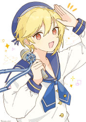 Rule 34 | 1boy, absurdres, androgynous, blonde hair, blue sailor collar, ensemble stars!, hat, highres, looking at viewer, male focus, microphone, nito nazuna, open mouth, red eyes, sailor collar, sailor hat, shirt, smile, solo, white background, white shirt, yamanaka hituzi