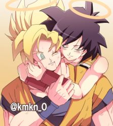 Rule 34 | 1boy, 1girl, ;), bad id, bad pixiv id, bare arms, bare shoulders, black hair, blonde hair, blood, blood from mouth, closed eyes, crying, dirty, dirty clothes, dirty face, dougi, dragon ball, dragonball z, gine, gradient background, green eyes, halo, happy, happy tears, hug, hug from behind, looking at another, lowres, mother and son, one eye closed, orange background, shaded face, short hair, simple background, smile, son goku, spiked hair, super saiyan, super saiyan 1, tears, teeth, twitter username, upper body, white background, wristband