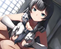 Rule 34 | 10s, 1boy, 1girl, admiral (kancolle), agano (kancolle), bad id, bad twitter id, belko, black hair, blue eyes, breasts squeezed together, breasts, closed mouth, collarbone, cum, cum on body, cum on upper body, dutch angle, gloves, hetero, indoors, kantai collection, large breasts, looking at viewer, navel, paizuri, penis, smile, straight hair, torn clothes, white gloves, window