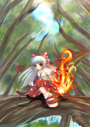 Rule 34 | 1girl, blush, bow, female focus, fire, forest, fujiwara no mokou, juuni chacha, large bow, long hair, long sleeves, looking at viewer, nature, pants, red eyes, red footwear, red pants, shirt, shoes, silver hair, solo, touhou, tree, white legwear, white shirt, x20285