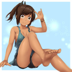 Rule 34 | 10s, 1girl, \m/, alternate costume, arm support, arm up, armpits, bare legs, bare shoulders, barefoot, black shorts, blue background, border, breasts, brown eyes, brown hair, cleavage, closed mouth, dark-skinned female, dark skin, feet, highres, i-401 (kancolle), kantai collection, kuromayu, looking at viewer, matching hair/eyes, medium breasts, no bra, no panties, partially visible vulva, perspective, ponytail, shirt, shorts, sideboob, sitting, sleeveless, sleeveless shirt, smile, soles, solo, swept bangs, tank top, thighs, toes, upshorts, white border