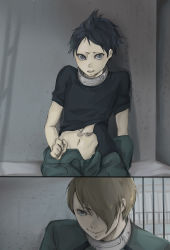 Rule 34 | 2boys, against wall, bars, black eyes, black hair, closed mouth, clothes pull, collar, collarbone, deadman wonderland, expressionless, hair over one eye, igarashi ganta, looking at viewer, male focus, multiple boys, naughty face, pants, pants pull, shirt, t-shirt, takami yoh, undressing, yaoi