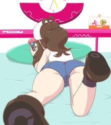Rule 34 | 1girl, ass, ass focus, blurry, brown footwear, brown hair, creatures (company), depth of field, facing away, foreshortening, from behind, game freak, glut, hat, highres, hilda (pokemon), holding, holding phone, looking at phone, lying, microsd (pibo), nintendo, on stomach, phone, pillow, pokemon, pokemon bw, ponytail, shoe soles, shoes, short shorts, shorts, sidelocks, solo
