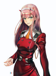 10s 1girl absurdres breasts candy character_name copyright_name cowboy_shot darling_in_the_franxx female_focus food green_eyes hairband highres horns lollipop long_hair looking_at_viewer medium_breasts military military_uniform murasaki_saki necktie pink_hair short_necktie simple_background smile solo white_background zero_two_(darling_in_the_franxx)