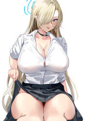 Rule 34 | 1girl, :p, absurdres, asuna (blue archive), black choker, black skirt, blue archive, blue eyes, blush, breasts, choker, cleavage, collared shirt, hair over one eye, halo, highres, large breasts, looking at viewer, namazu (yamasonson), one eye covered, shirt, shirt tucked in, short sleeves, simple background, sitting, skirt, solo, thighs, tongue, tongue out, white background, white shirt