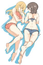 Rule 34 | 10s, 2girls, abenattou, arm up, ass, back, barefoot, bikini, black bikini, blonde hair, brown eyes, brown hair, caesar (girls und panzer), carpaccio (girls und panzer), closed eyes, commentary, facing another, from above, from behind, girls und panzer, laughing, long hair, looking at another, lying, multiple girls, on side, on stomach, open mouth, orange bikini, parted lips, shadow, short hair, simple background, sketch, smile, swimsuit, thigh gap, white background