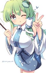 Rule 34 | 1girl, :o, blue eyes, blue skirt, blush, breasts, collared shirt, commentary request, detached sleeves, frog hair ornament, gohei, green hair, hair ornament, hair tubes, heart, highres, japanese clothes, kochiya sanae, large breasts, long hair, miko, one-hour drawing challenge, one eye closed, ramudia (lamyun), shirt, simple background, skirt, sleeveless, sleeveless shirt, snake hair ornament, solo, touhou, v, white background, white shirt