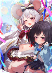 Rule 34 | 2girls, ;d, absurdres, animal ears, balloon, black bow, black hair, black skirt, blue shirt, blush, bow, brooch, commentary request, dual persona, facial mark, granblue fantasy, hair bow, heart, heart brooch, heart tattoo, highres, jewelry, midriff, mouse (animal), mouse ears, multiple girls, navel, one eye closed, open mouth, pink eyes, pleated skirt, rai (sakuranbo sugar), shirt, short hair, silver hair, skirt, smile, symbol-shaped pupils, tattoo, thighhighs, vikala (granblue fantasy), w, white legwear, white skirt, wide sleeves, zettai ryouiki