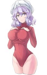 Rule 34 | 1girl, alternate costume, breasts, commentary request, covered navel, cowboy shot, cropped legs, groin, hands on own chest, highres, large breasts, leotard, letty whiterock, light purple hair, long sleeves, looking at viewer, one-hour drawing challenge, purple eyes, red leotard, short hair, simple background, solo, standing, thighs, touhou, triangular headpiece, turtleneck, heattech leotard, white background, white headwear, y2