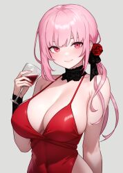 Rule 34 | 1girl, absurdres, bare shoulders, black choker, bluefield, blush, breasts, choker, cleavage, covered navel, dress, high-waist dress, highres, hololive, hololive english, impossible clothes, impossible dress, large breasts, long hair, looking at viewer, mori calliope, pink eyes, pink hair, red dress, smile, solo, virtual youtuber