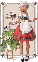 Rule 34 | 1girl, :d, absurdres, alternate costume, alternate eye color, alternate hairstyle, apron, bare shoulders, black footwear, blue eyes, blue flower, blush, bow, braid, character name, collarbone, copyright name, corset, dark-skinned female, dark skin, dirndl, flower, flower pot, folding table, full body, german clothes, hair flower, hair ornament, highres, kakinomai, kantai collection, long hair, looking away, looking to the side, mary janes, medium skirt, off shoulder, open mouth, plant, potted plant, puffy short sleeves, puffy sleeves, red skirt, ro-500 (kancolle), shoes, short sleeves, signature, silver hair, skirt, smile, socks, solo, standing, table, twin braids, twitter username, waist apron, white bow, white socks, wrist cuffs