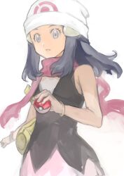 Rule 34 | 1girl, absurdres, bag, bare shoulders, beanie, black shirt, blue hair, bracelet, creatures (company), dark blue hair, dawn (pokemon), duffel bag, floating hair, ga4me4, game freak, grey eyes, hair ornament, half updo, hat, highres, holding, holding poke ball, jewelry, long hair, nintendo, parted lips, pink scarf, pink skirt, poke ball, poke ball (basic), pokemon, pokemon dppt, scarf, shirt, simple background, skirt, solo, white background, white hat, yellow bag