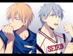 Rule 34 | 2boys, basketball uniform, blonde hair, blue eyes, blue hair, blue shirt, closed mouth, clothes writing, collarbone, commentary request, earrings, gradient background, grey background, hair between eyes, hand up, jewelry, kise ryouta, kuroko no basuke, kuroko tetsuya, letterboxed, looking to the side, male focus, mashima shima, multiple boys, open mouth, shirt, short hair, sleeveless, sleeveless shirt, smile, split screen, sportswear, sweat, teeth, twitter username, upper body, upper teeth only, white shirt, yellow eyes