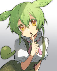 Rule 34 | 1girl, :o, commentary request, finger to mouth, frilled shirt, frilled sleeves, frills, gradient background, green hair, green shorts, green suspenders, grey background, hair between eyes, index finger raised, long hair, looking at viewer, nahori (hotbeans), neck ribbon, open mouth, personification, pink ribbon, puffy short sleeves, puffy sleeves, ribbon, shirt, short sleeves, shorts, solo, suspenders, upper body, voicevox, white shirt, yellow eyes, zundamon