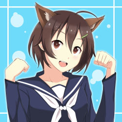 Rule 34 | 10s, 1girl, :d, ahoge, animal ear fluff, animal ears, ardinassau, blue background, brave witches, brown eyes, brown hair, clenched hands, collarbone, hair between eyes, hair ornament, hairclip, hands up, highres, karibuchi hikari, looking at viewer, matching hair/eyes, open mouth, paw pose, ribbon, school uniform, serafuku, short hair, smile, solo, squirrel ears, teeth, uniform, upper body, white ribbon, world witches series