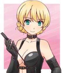 Rule 34 | 1girl, aqua eyes, bare shoulders, black gloves, blonde hair, blue eyes, blush, bondage outfit, braid, breasts, cleavage, closed mouth, collar, collarbone, darjeeling (girls und panzer), dominatrix, elbow gloves, girls und panzer, gloves, gradient background, looking at viewer, pink background, riding crop, smile, solo, swept bangs, uona telepin, upper body