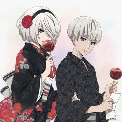 Rule 34 | 1boy, 1girl, black hairband, black kimono, blue eyes, candy apple, closed mouth, eyebrows hidden by hair, floral print, flower, food, grey hair, hair flower, hair ornament, hair over one eye, hairband, highres, holding, holding food, japanese clothes, kimono, long sleeves, looking at viewer, medium hair, nier:automata, nier (series), no blindfold, print kimono, red flower, red rose, rose, shirl geem, short hair, smile, wide sleeves, 2b (nier:automata), 9s (nier:automata)