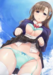 Rule 34 | 1girl, :o, artist name, asymmetrical bangs, blazer, blue jacket, blush, bow, bow bra, bow panties, bra, bra lift, breasts, brown hair, clothes lift, cloud, cloudy sky, day, dutch angle, from below, gluteal fold, green bra, green panties, grey skirt, hair ornament, hairclip, highres, jacket, lifting own clothes, medium breasts, necktie, open clothes, open shirt, original, outdoors, panties, parted lips, purple eyes, red necktie, school uniform, shirt, side-tie panties, signature, skirt, skirt lift, sky, solo, thighhighs, underwear, uniform, untied panties, white thighhighs, wing collar, yumehiko