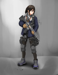Rule 34 | 1girl, absurdres, ar-15, assault rifle, black hair, blue jacket, brown gloves, cureeper, gas mask, gloves, grey background, gun, hair between eyes, high tops, highres, jacket, knee pads, looking to the side, mask, military, open clothes, open jacket, original, pouch, respirator, rifle, shoes, sneakers, solo, thigh pouch, weapon
