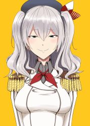 Rule 34 | 10s, 1girl, beret, birii, blue eyes, breasts, buttons, epaulettes, hair between eyes, hat, jacket, kantai collection, kashima (kancolle), kerchief, looking at viewer, military, military uniform, sidelocks, silver hair, smile, solo, twintails, uniform, wavy hair, yellow background