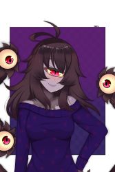 Rule 34 | 1girl, absurdres, alternate costume, antenna hair, blush, breasts, brown hair, closed mouth, colored sclera, colored skin, commentary, commission, cyclops, english commentary, extra eyes, gazer (monster girl encyclopedia), grey skin, head tilt, highres, large breasts, long hair, long sleeves, looking at viewer, monster girl, monster girl encyclopedia, nude, one-eyed, purple background, red eyes, slime (substance), smile, solo, tentacles, upper body, xxalisa, yellow sclera